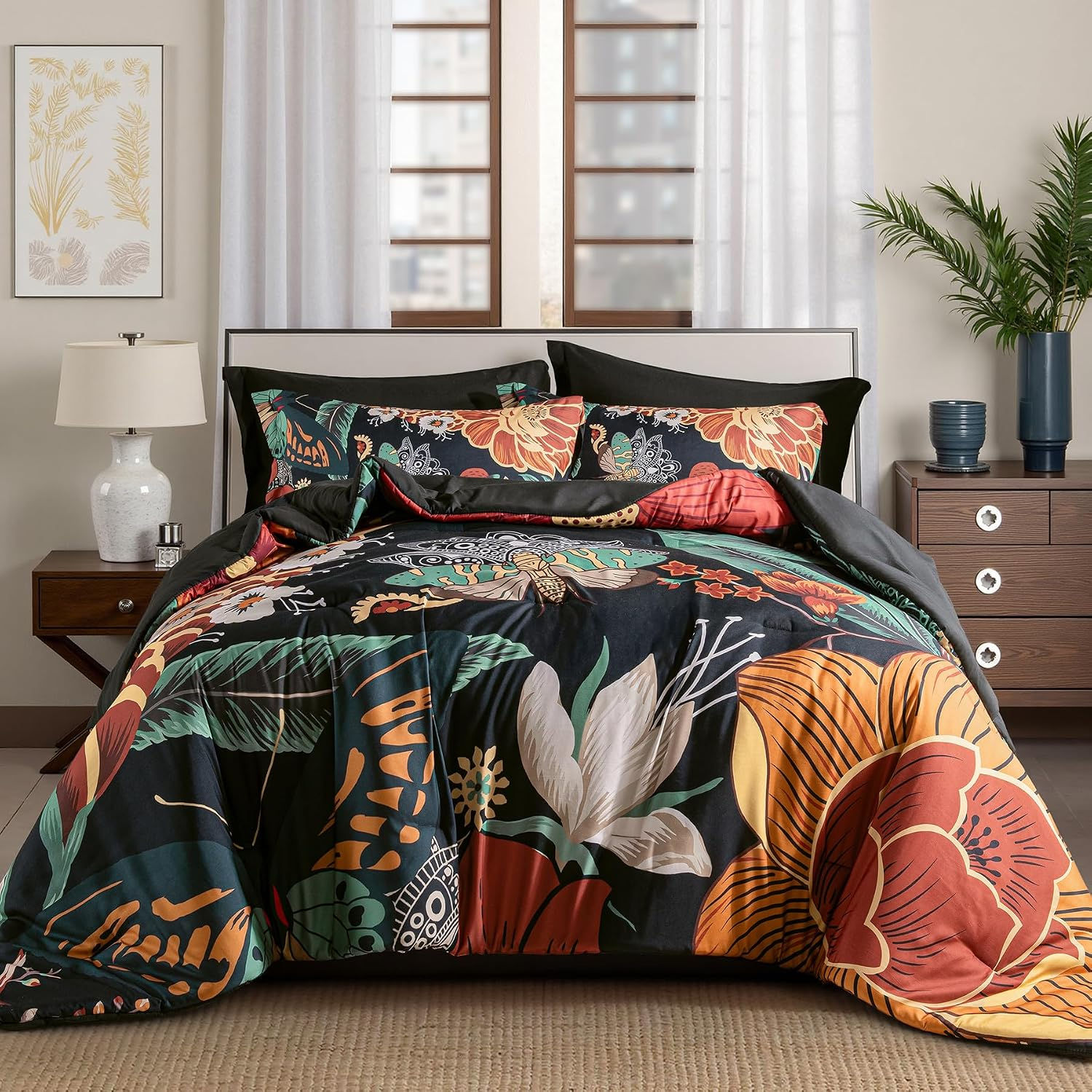 Tyrot Black Boho Floral Queen Comforter Set - 3 Piece Vintage Farmhouse Bedding