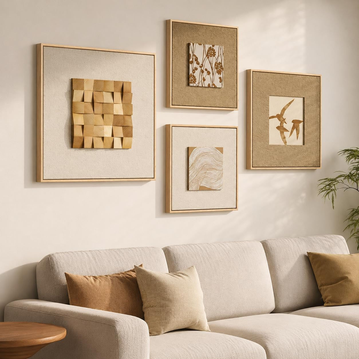 Large Framed 3D Textured Wood Wall Art 4 for Living Room, Neutral Set of 4 | So