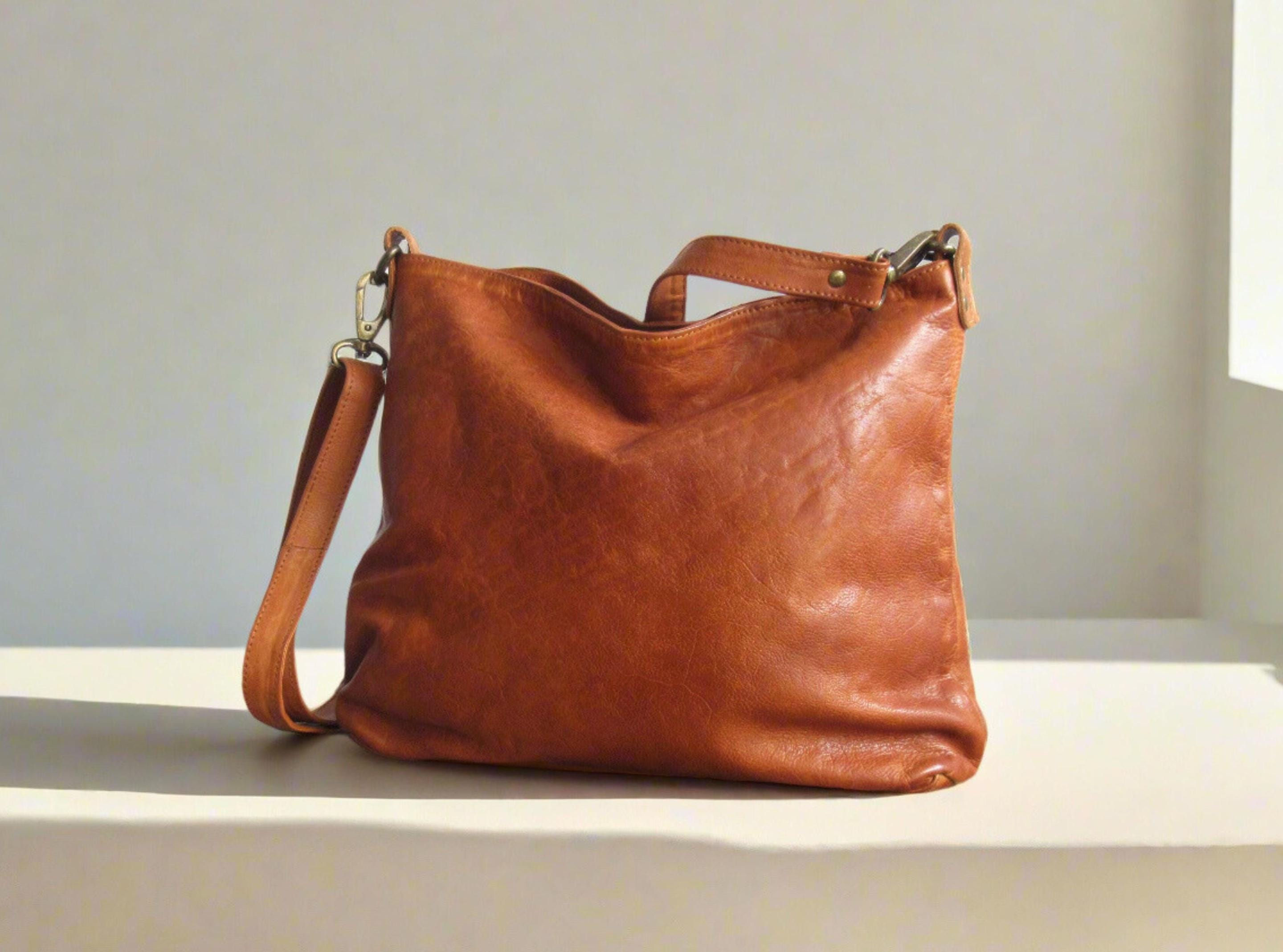 Tan Leather Crossbody Bag: Washed Cowhide Shoulder Purse with Pockets