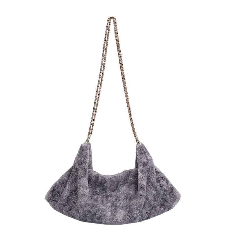 Zeyu Stylische Flauschige Kunstfell-Schultertasche für Damen Doppelketten-Slouc