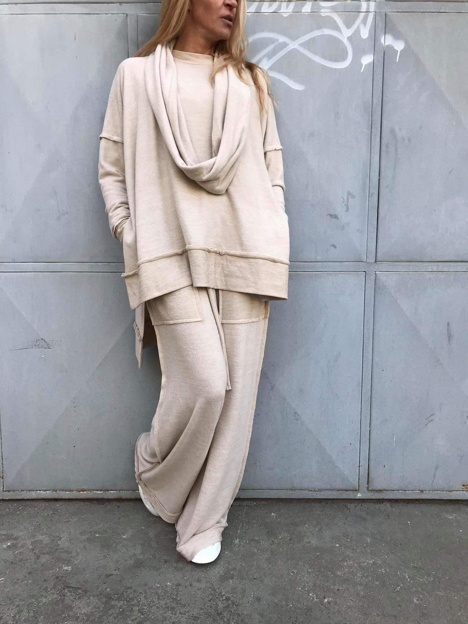 Beige Cotton Oversized Knit Lounge Set, Asymmetric Tunic Wide Leg Pants