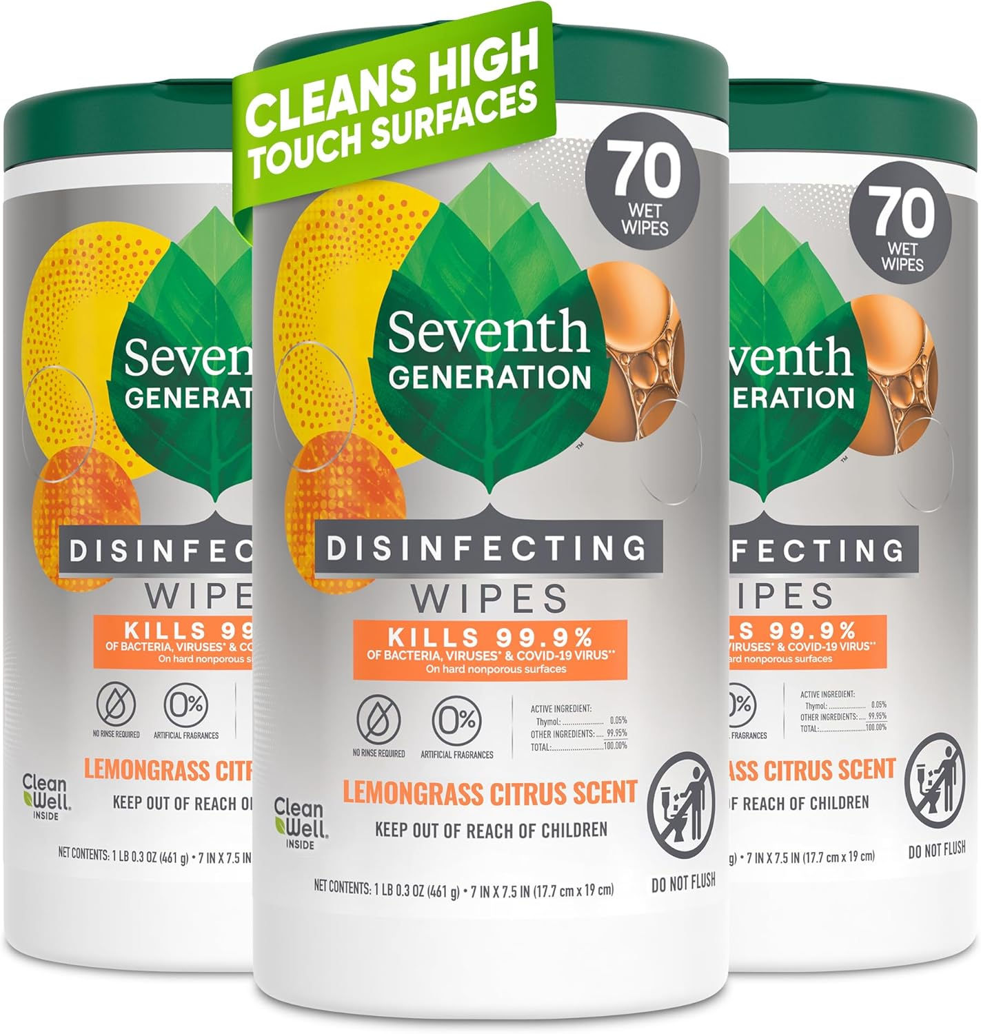 Seventh Generation Disinfecting Wipes, Lemongrass Citrus, 70 Count, 3 Pack, Bot