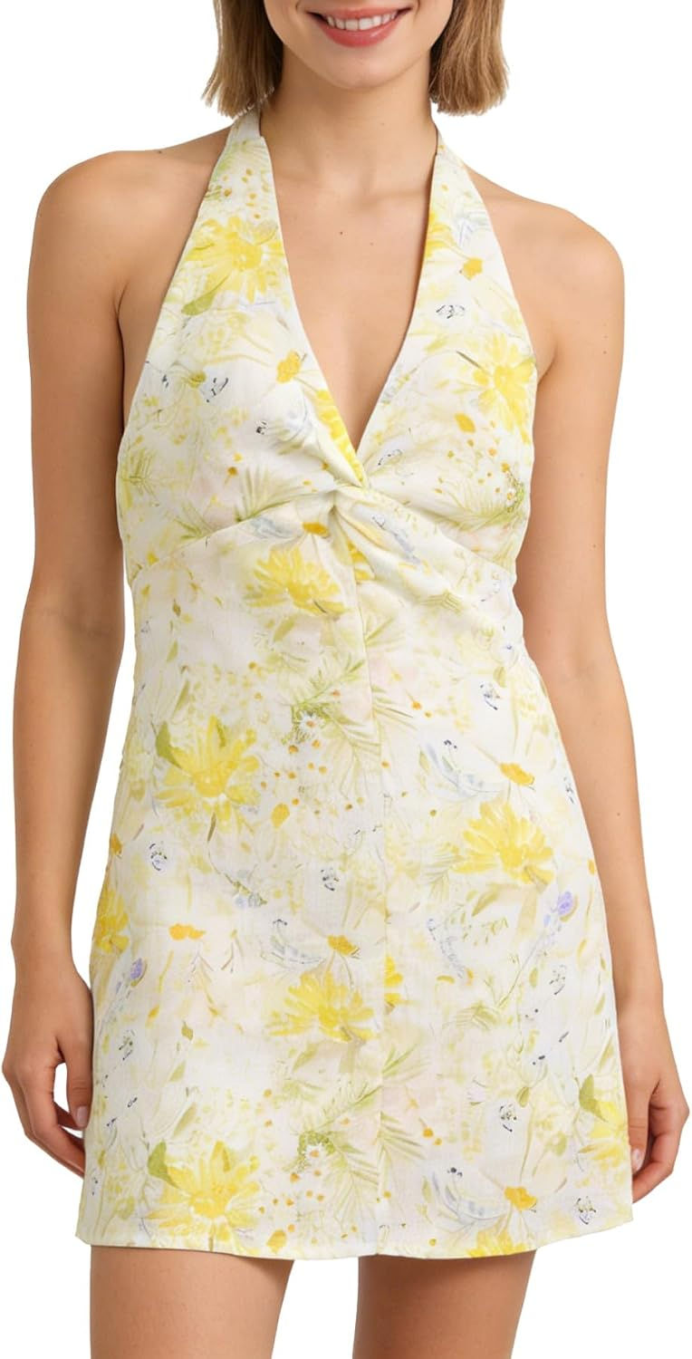 Amazhiyu Womens 100% Linen Halter Tie Mini Dress | V Neck Short Dresses, Self-T
