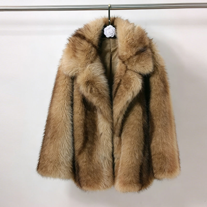 Zeyu Luxuriöser Farbverlauf Brauner Kunstfuchs-Pelzmantel für Damen mit Umlegek