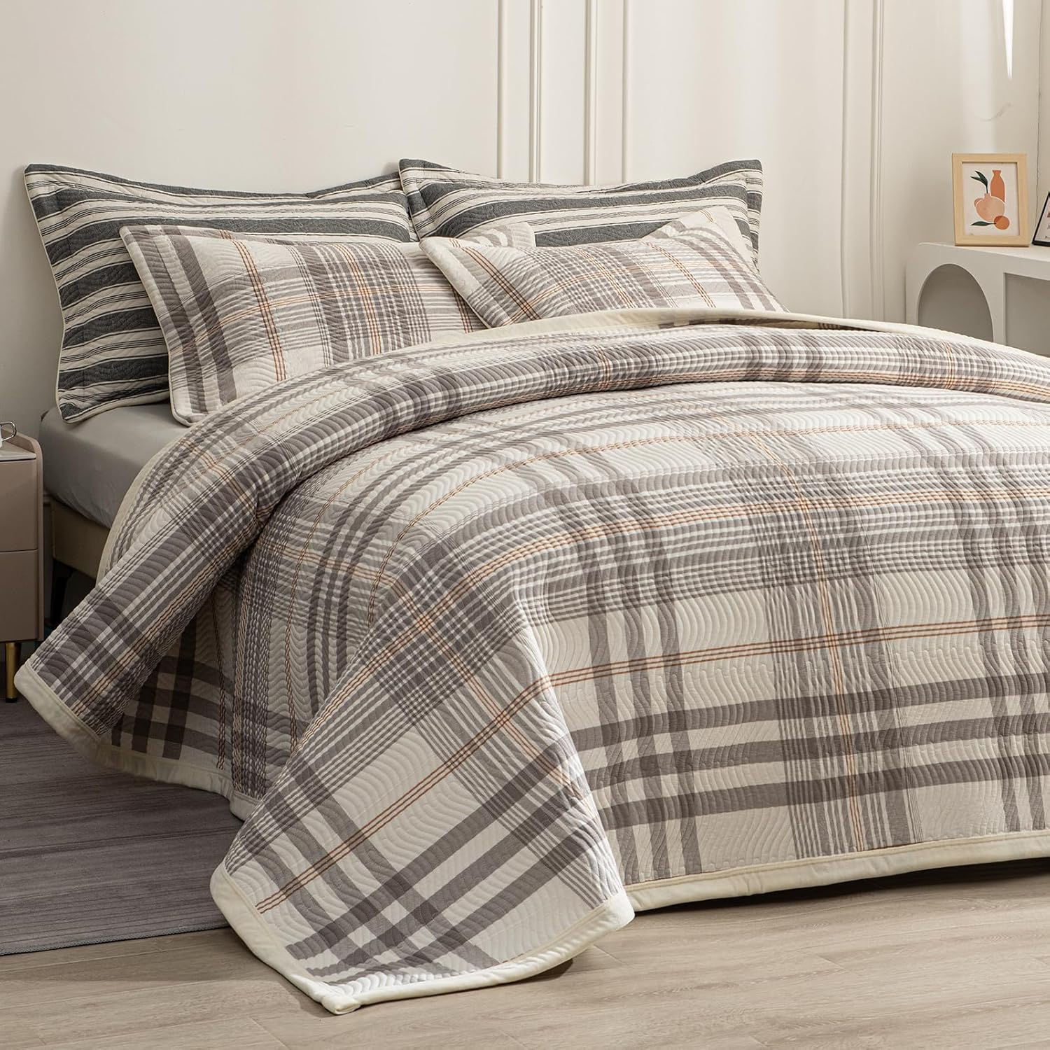 tohrisa Cotton Striped Quilt Set, Ultra Soft 3 Pieces Queen Size Bedding with 2