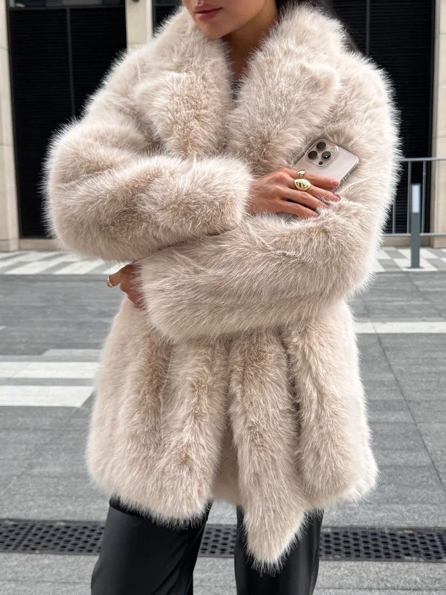 Zeyu 2026 Neuer Damen-Kunstpelzmantel in Beige, Mittellang mit Reverskragen, Üb