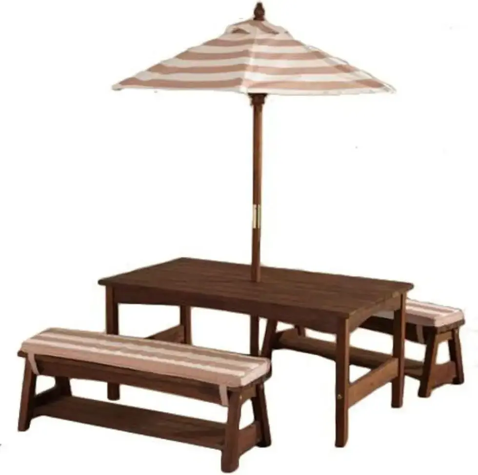 Outdoor Wooden Table & Bench Set with Cushions and Umbrella, Kids Backyard Furni