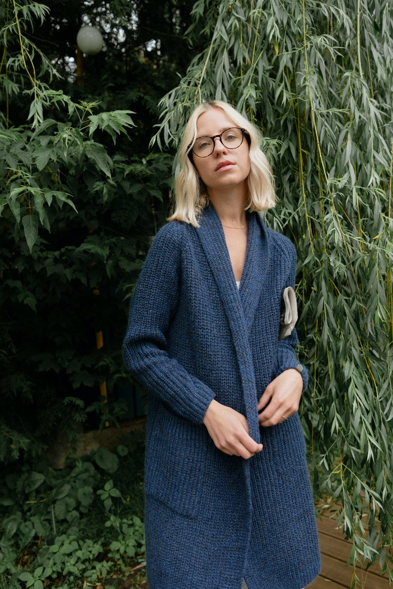 Super Long Knit Coat with Pockets, Long Open Front Jacket, Organic Merino Wool