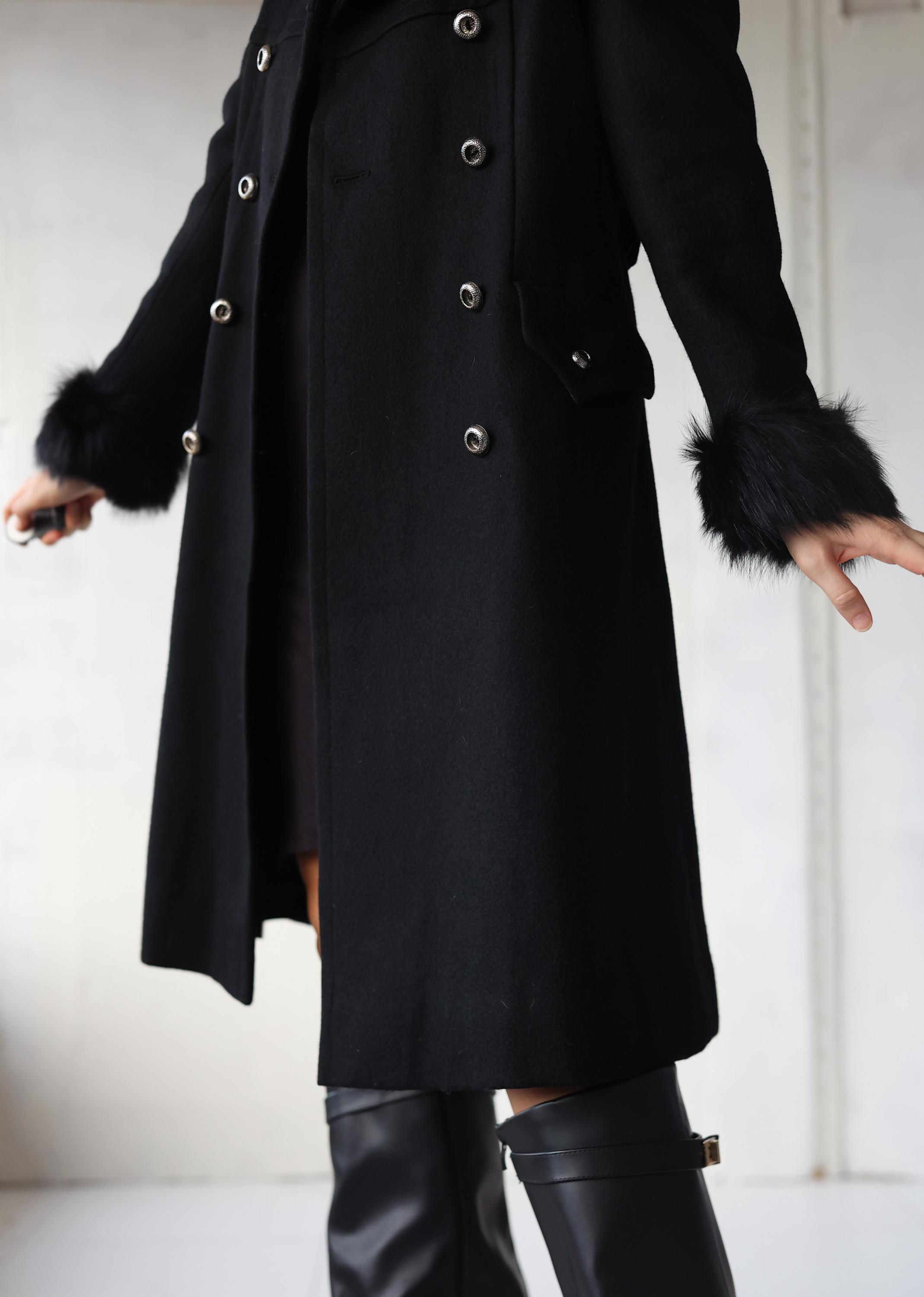 Vintage black wool fur trim collar women winter outerwear classic coat