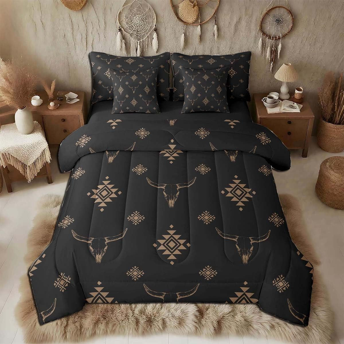 Feelyou Khaki Southwestern Aztec Comforter Set Queen Size 7 Pieces Western Bohe