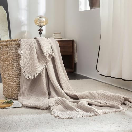 FOSSA Muslin Blanket 4-Layer 100% Cotton Gauze Blanket with Fringe 90"x90" | Su