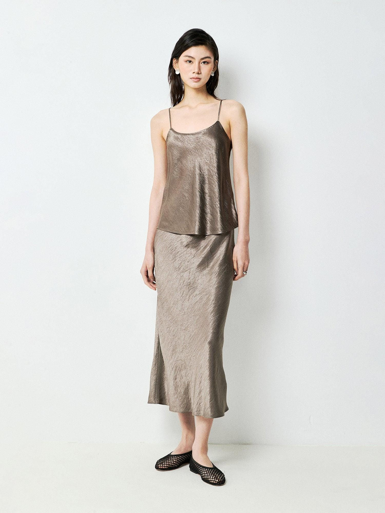 Japanese Acetate Camisole and Fishtail Skirt Set | Pleated Satin Finish | Bias-