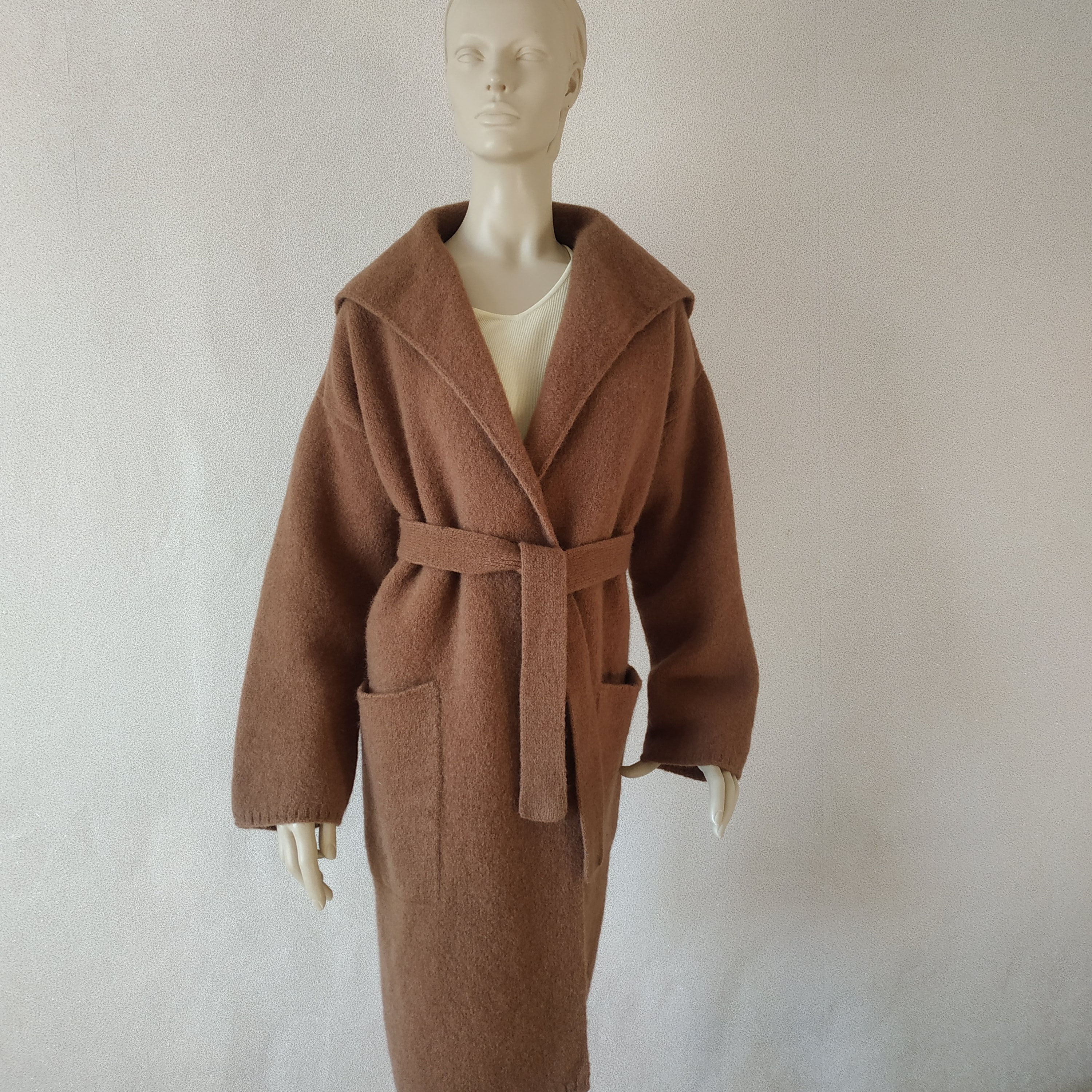Boiled wool coat Heavy wool cloak Brown dressing gown Knit wrap cardigan kimono