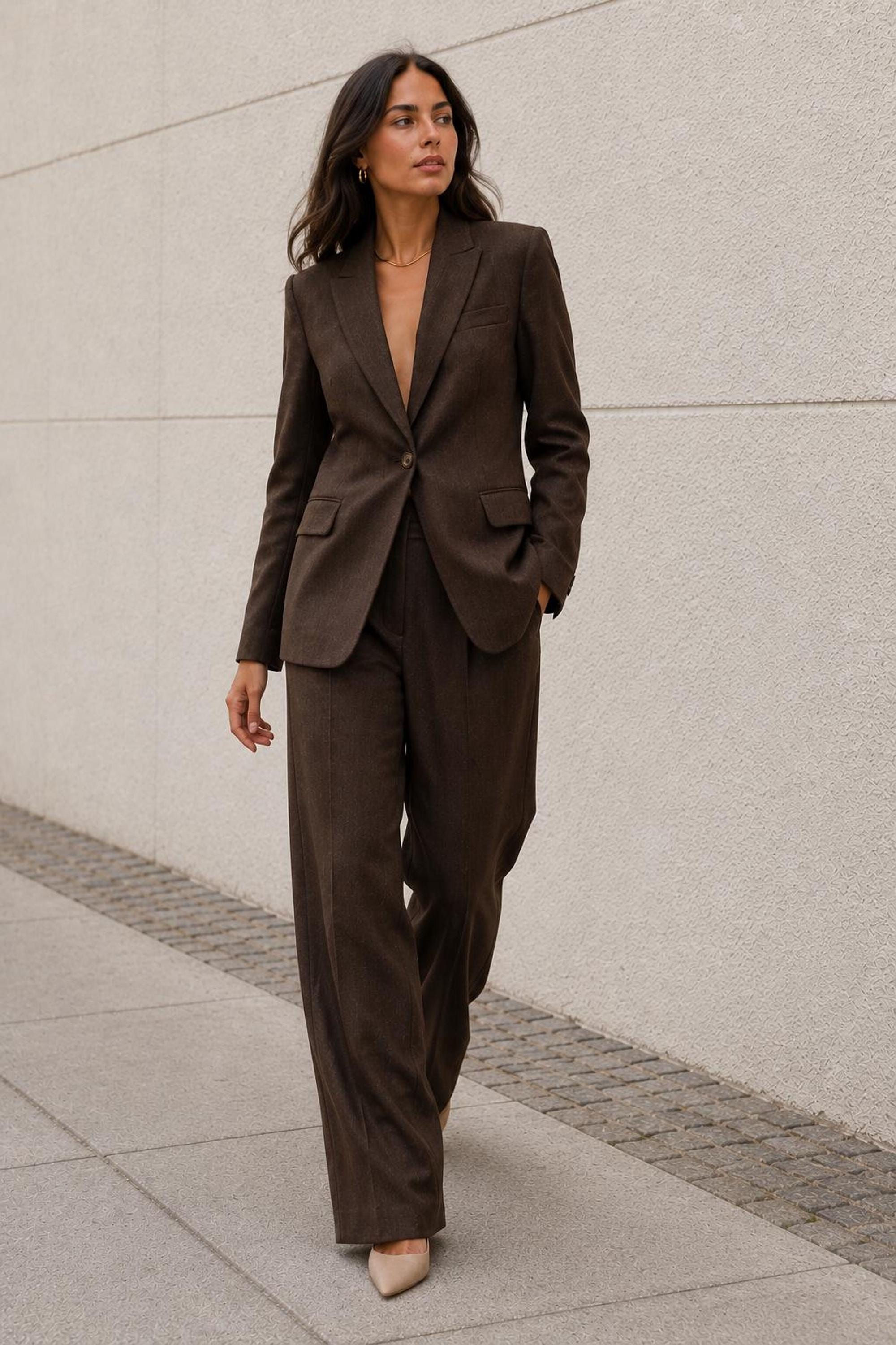 Espresso Linen Pantsuit Women, 2 Piece Blazer and Wide Leg Pants Set