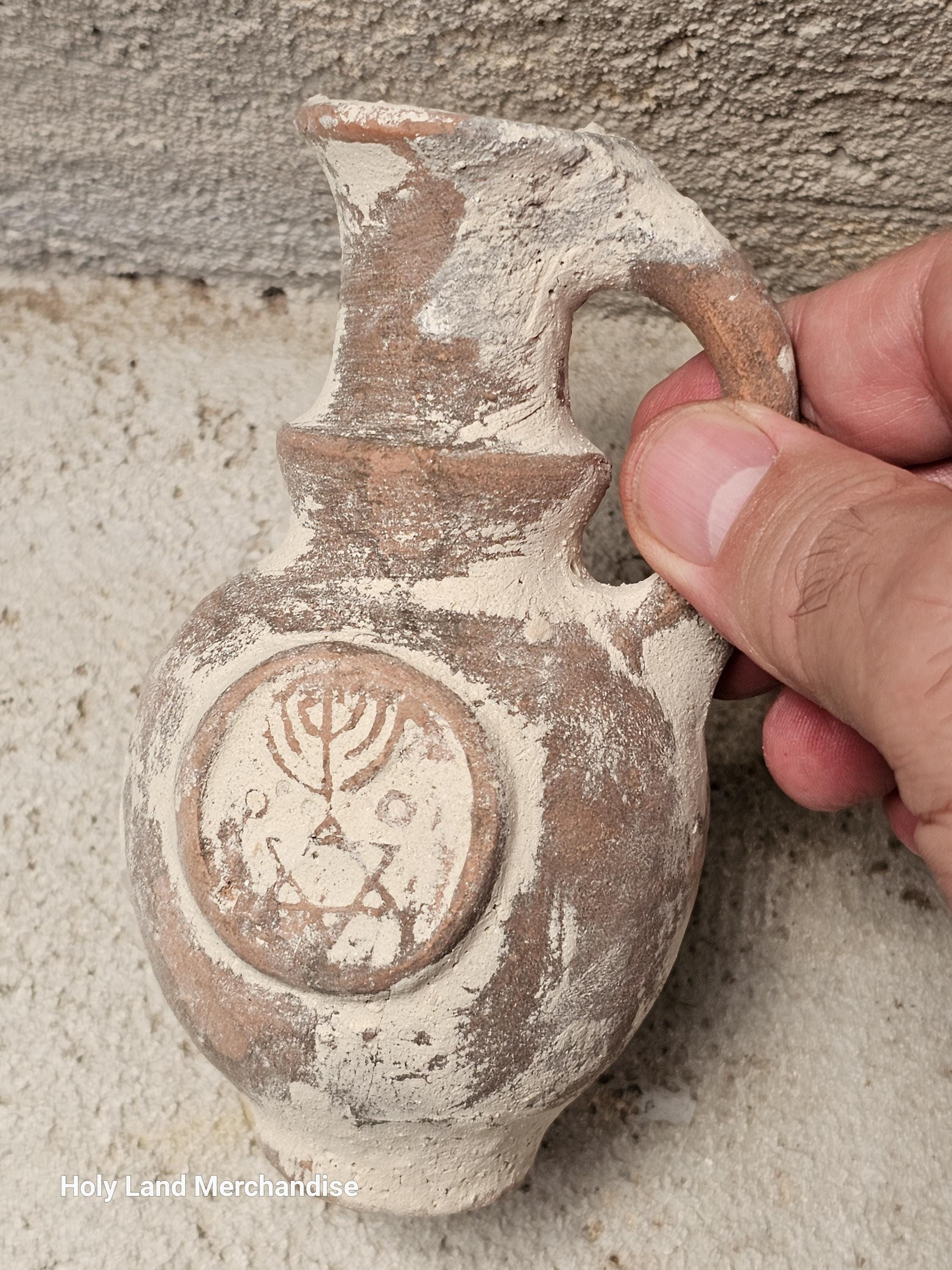 Handmade Jerusalem Clay Jug with Menorah Symbol – Ancient Biblical Style Holy L