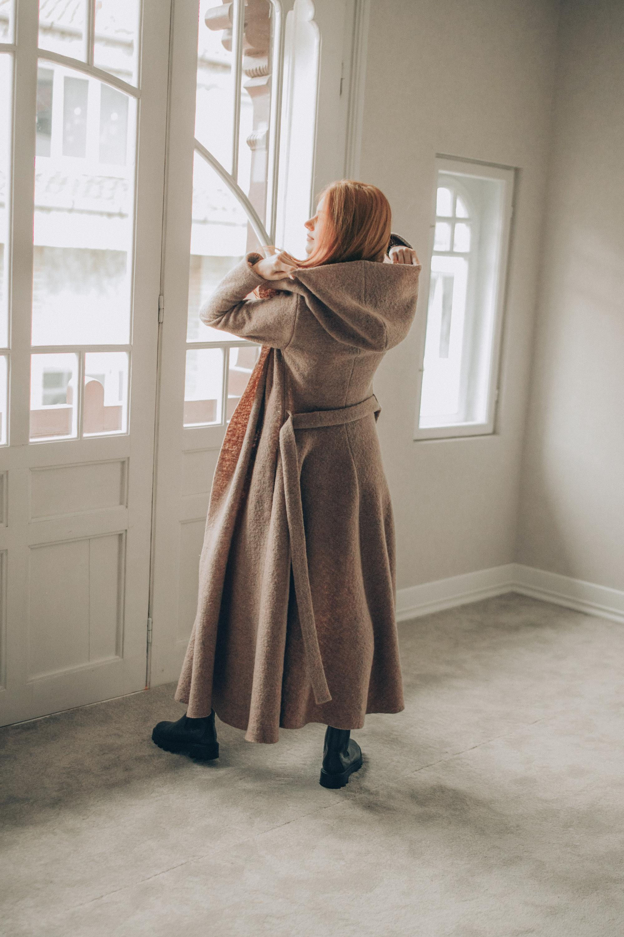 Maxi Hooded Wool Coat, Fall Winter Cardigan, Long Belted Overcoat