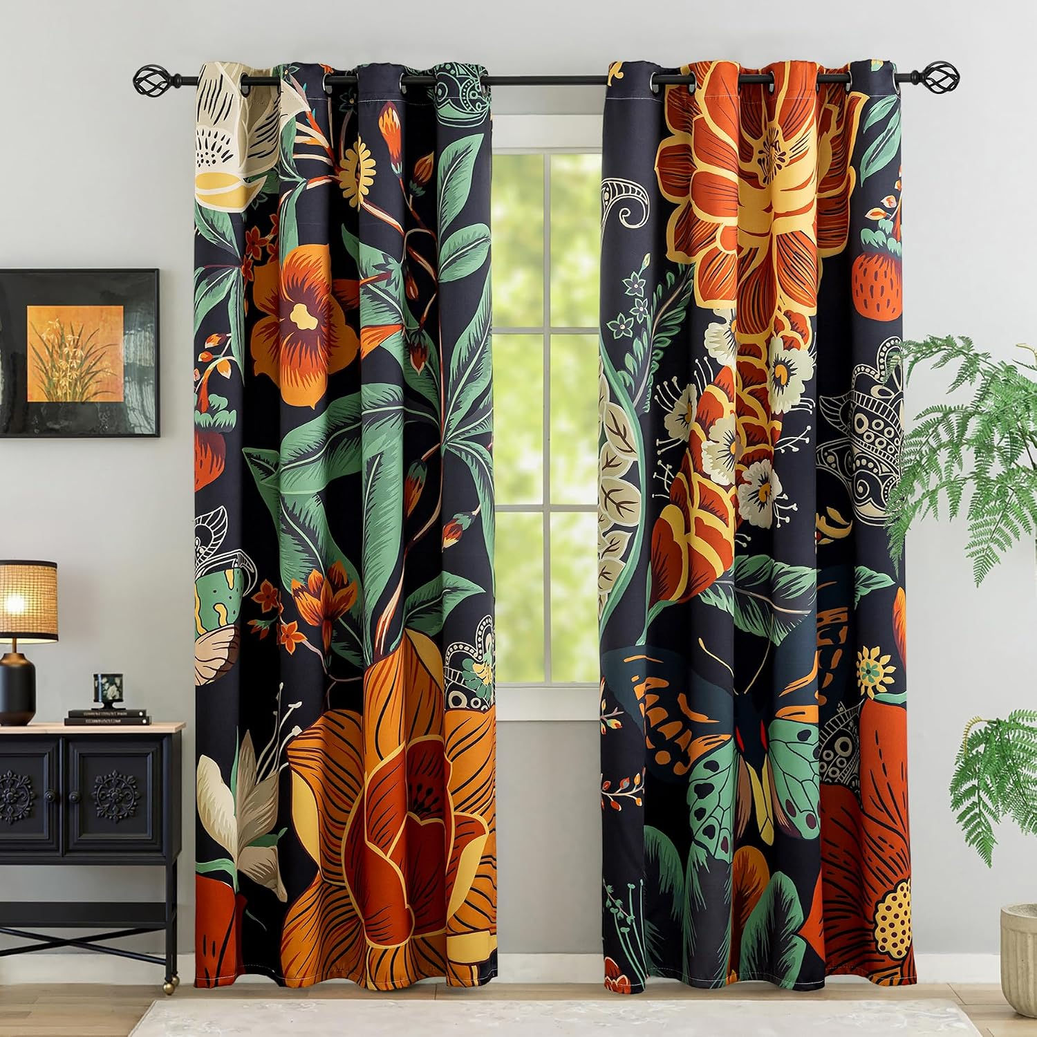 Tyrot Black Boho Floral Grommet Blackout Curtains, 52W x 84L, 2 Panels | Fall B
