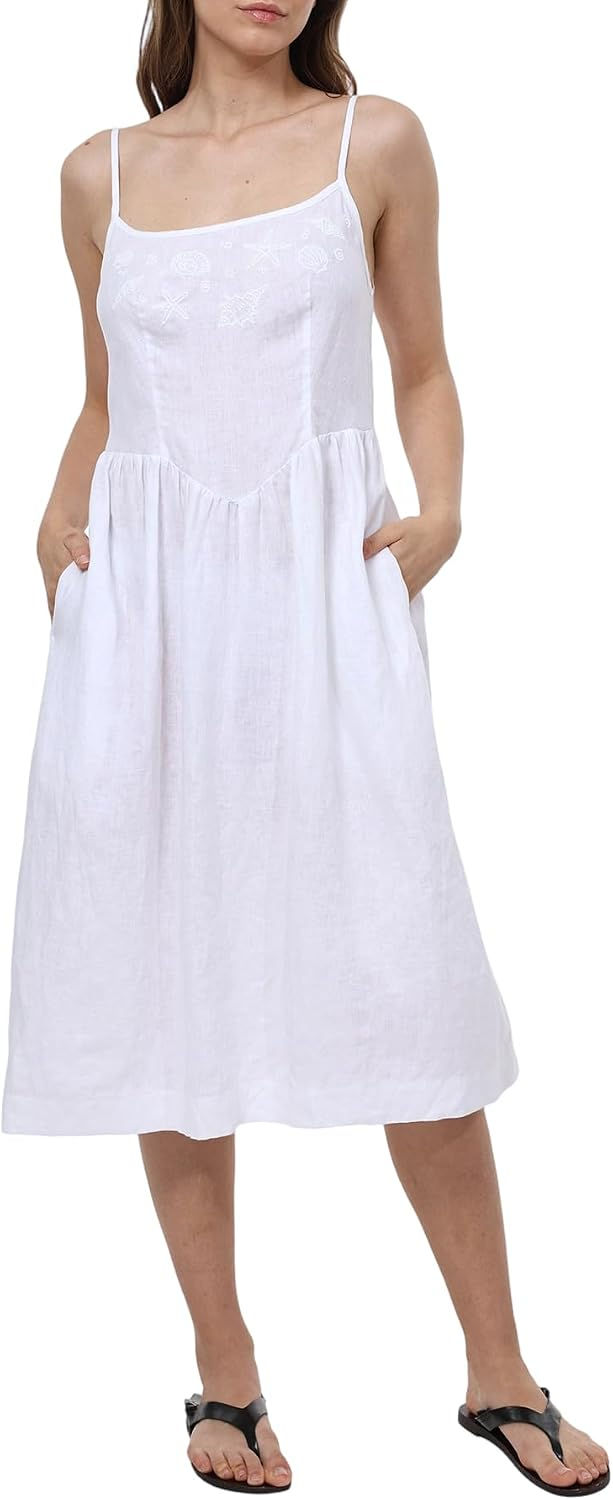 Amazhiyu Women's 100% Linen Summer Embroidered Midi Dresses | Spaghetti Strap,