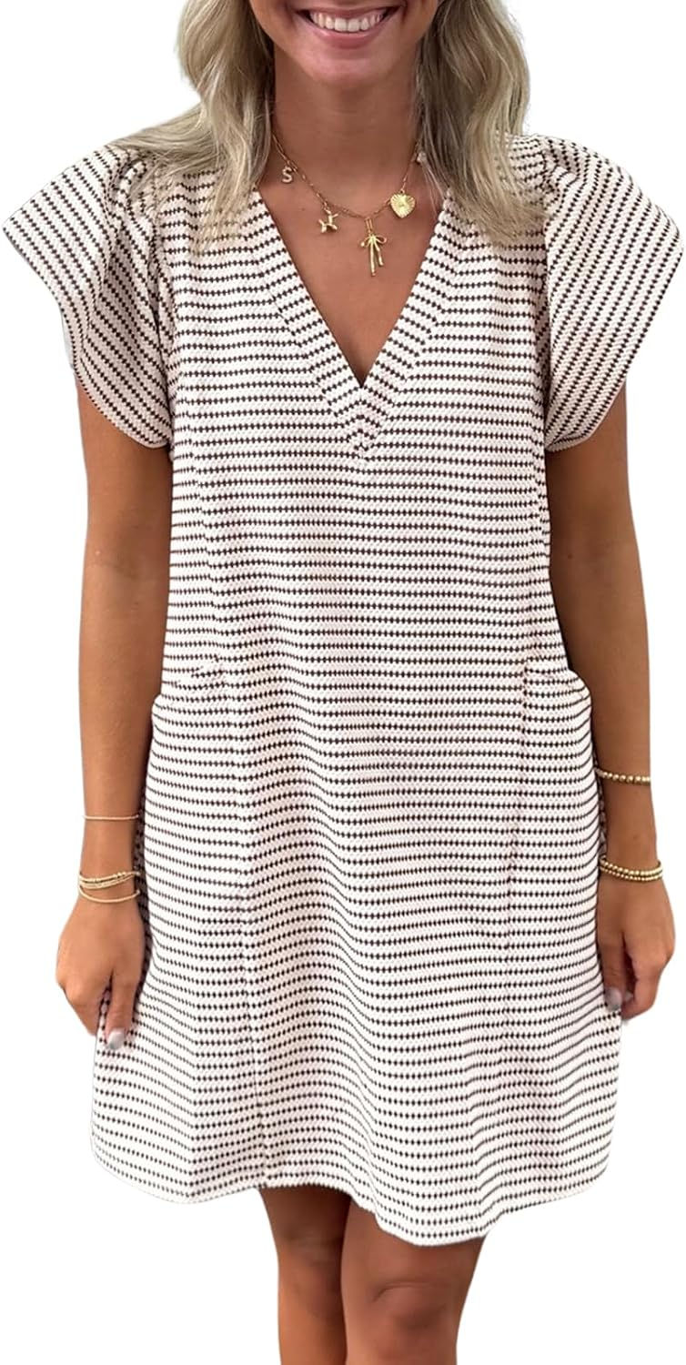 Mieazom Striped V-Neck Mini Dress for Women Puff Sleeve Casual Dress with Pocke