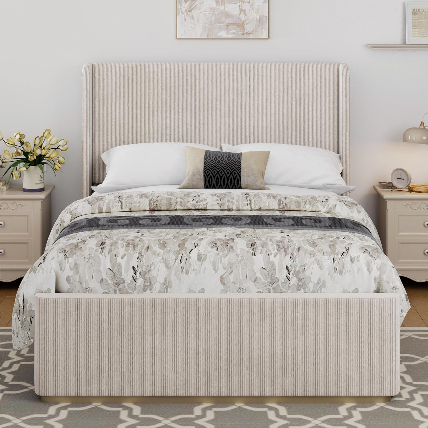 King Size Upholstered Platform Bed With Wingback Headboard And High Footboard, W