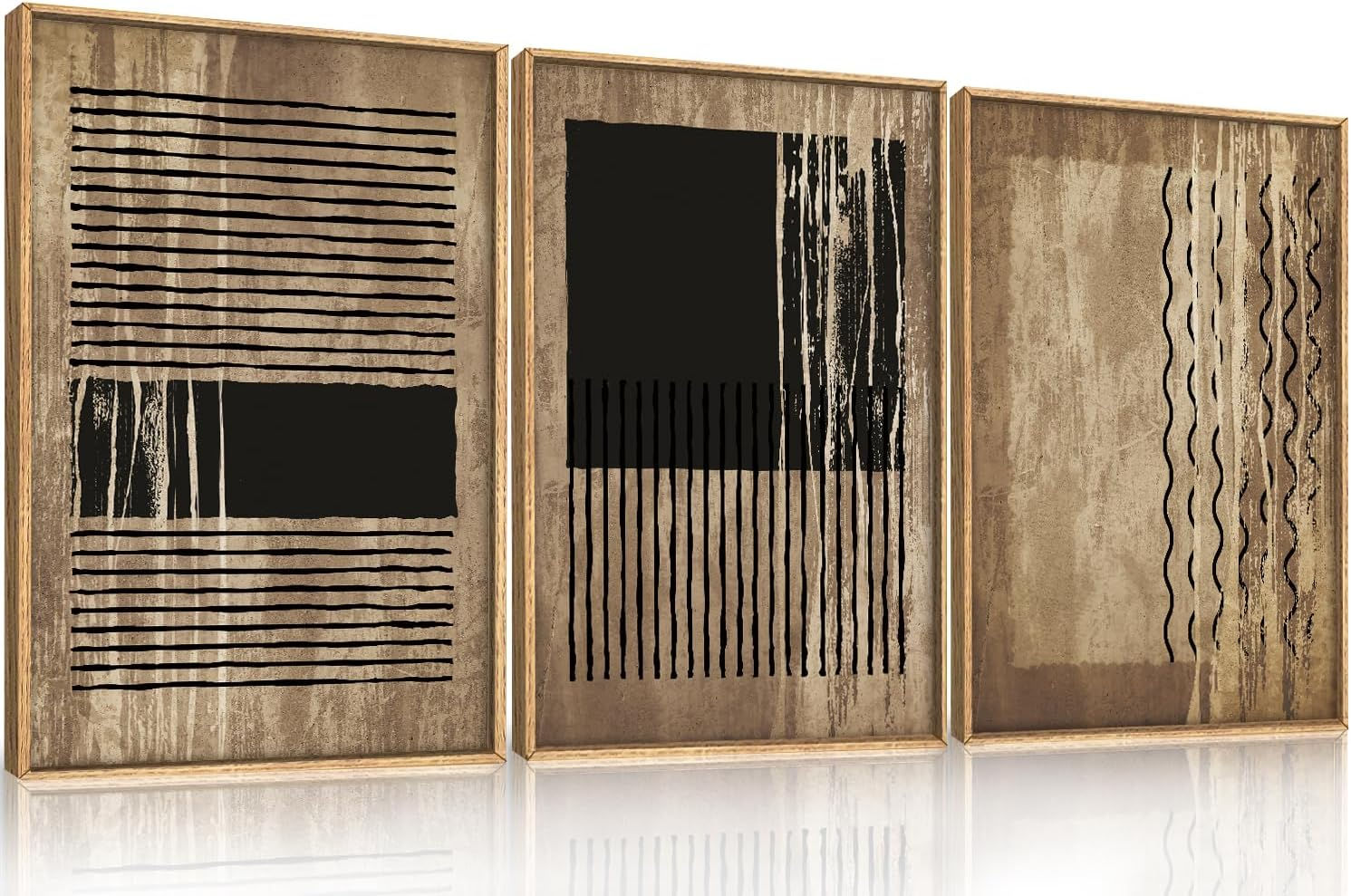Beige Tree Ring Framed Canvas Wall Art Set, Modern Wood Stump Wall Decor, Abstr
