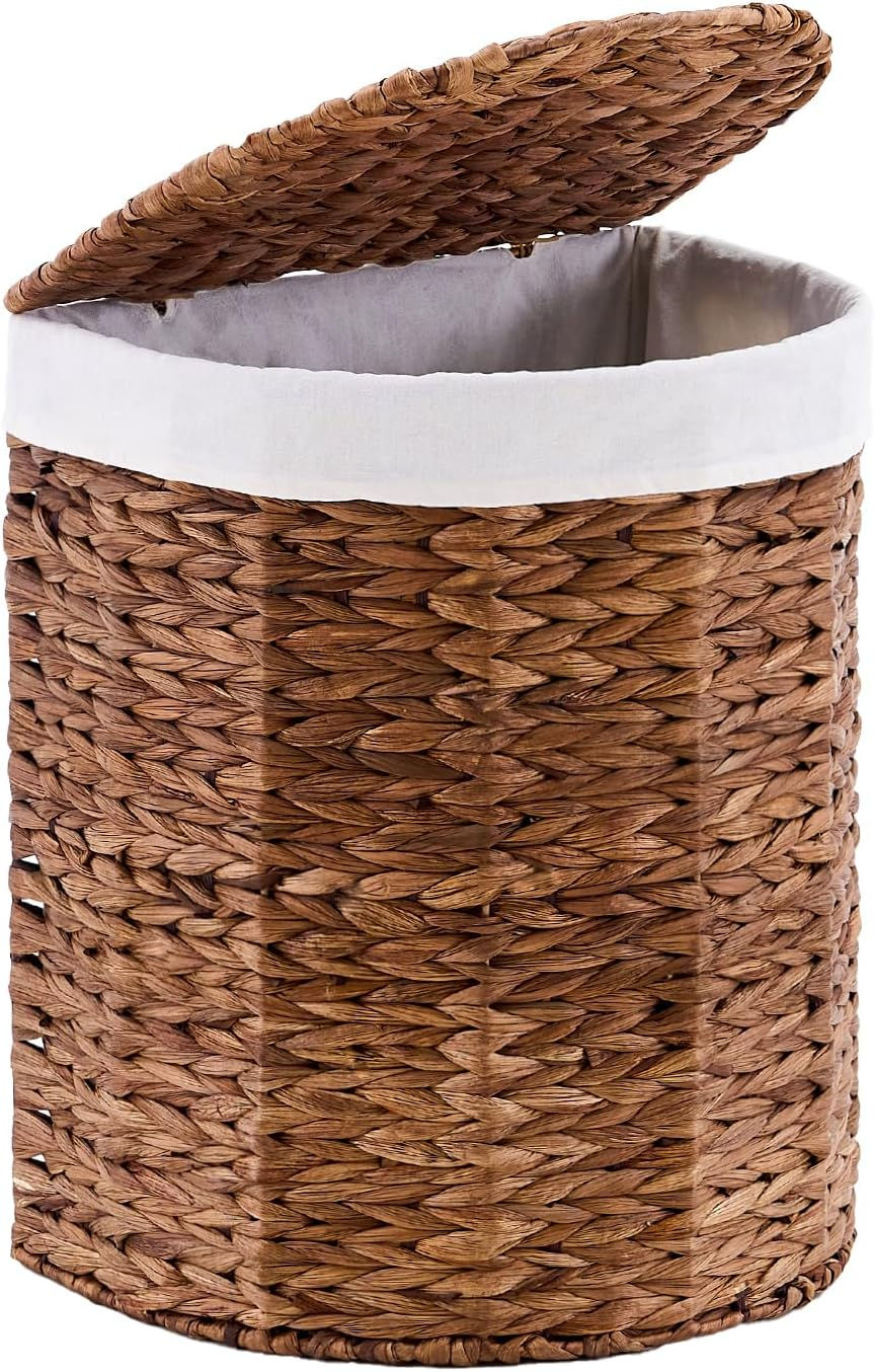 Water Hyacinth Laundry Hamper with lid, Half Moon Shape with 2 Removable Cloth