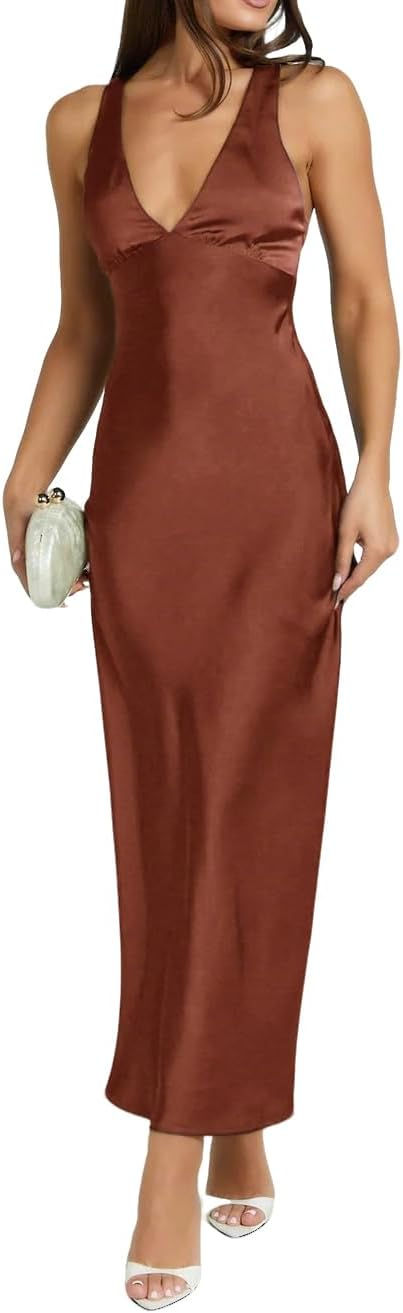 Summer Satin V Neck Backless Maxi Dresses for Women 2026 Silk Sleeveless Formal