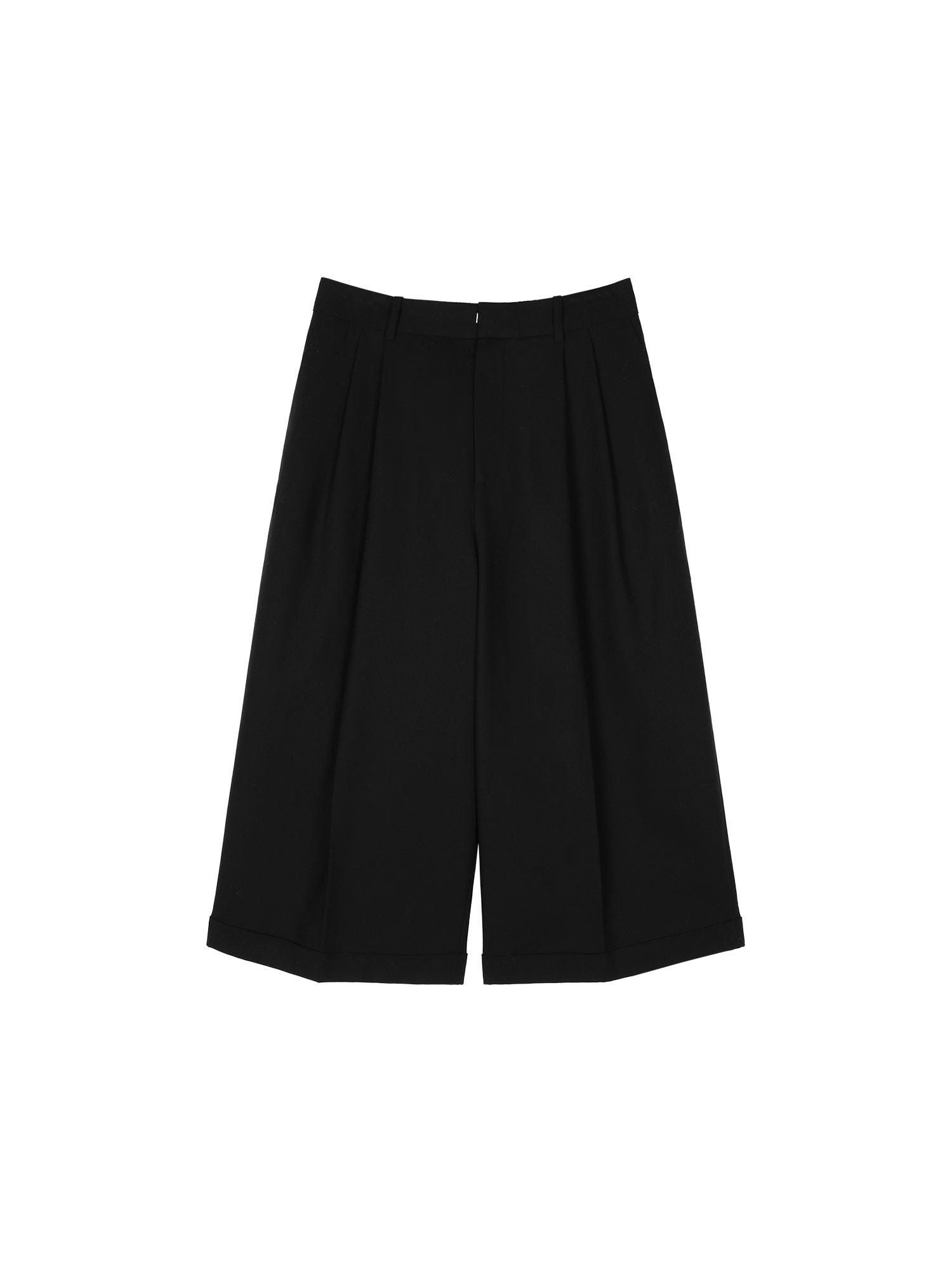 Merino Wool Blend Pleated Wide-Leg Trousers | Turn-Up Cuff | Cropped 78 Length