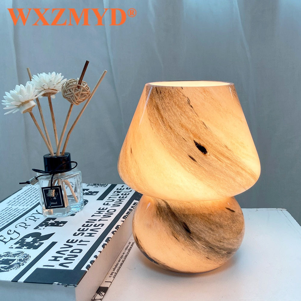 Korea Ins Style Mushroom LED Table Lamp Glass Moon Earth Striped Bedside Glass 