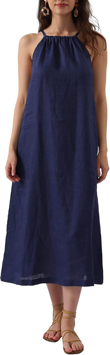 Amazhiyu Women's 100% Linen Sleeveless Halter Maxi Dress with Pockets | Self Ti