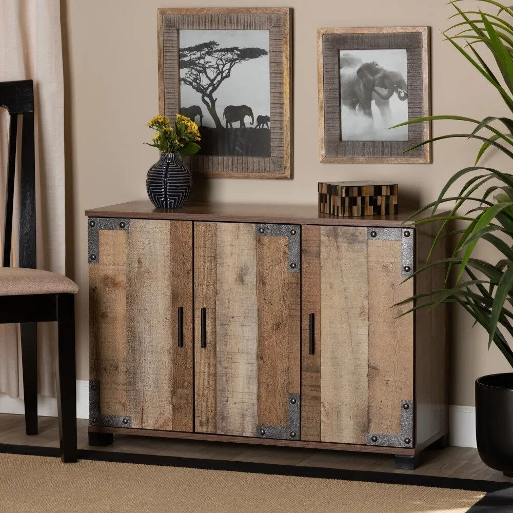 Modern and Contemporary Farmhouse Rustic Finished Wood 3-Door Shoe Cabinet
