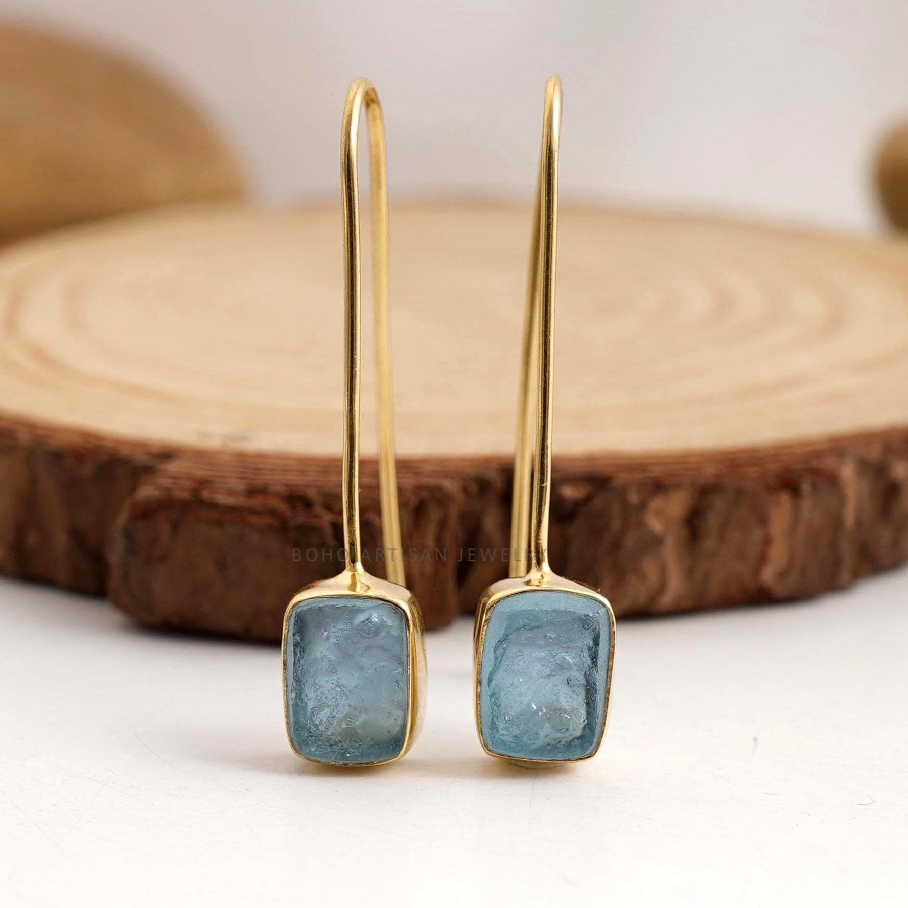 Raw Aquamarine Gold Earring, 14K Gold Earring, Dangle Earring, Blue Gemstone Ea
