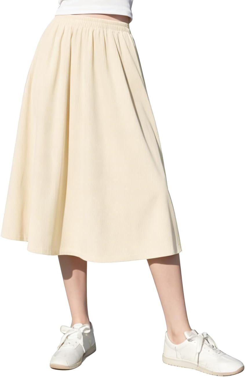 Urban CoCo Women's A-Line Midi Skirt Elastic High Waist Pull On Ribbed Knit