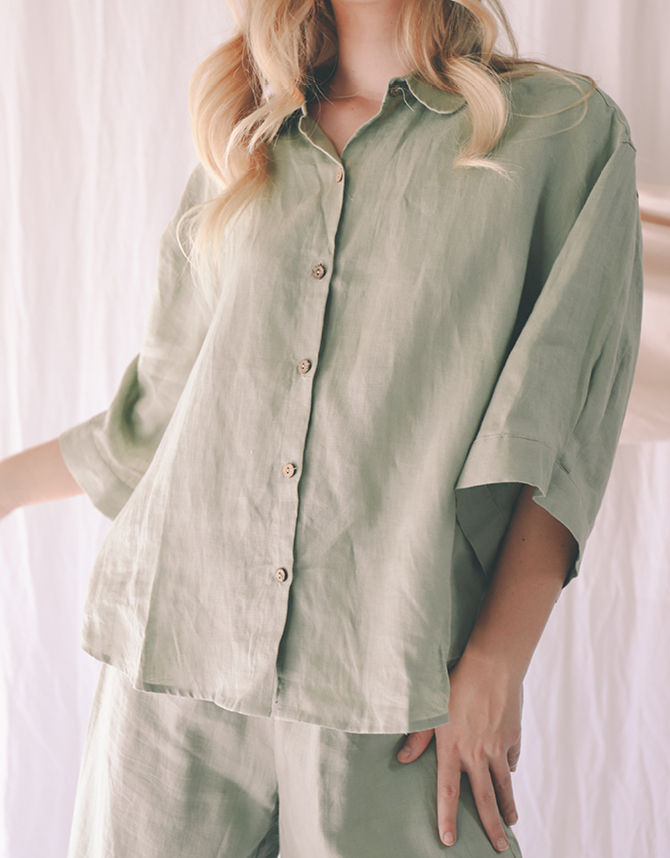 Bequeme Damen Nachtwäsche stone washed reines Leinen Pyjama Set Top und Hose ei