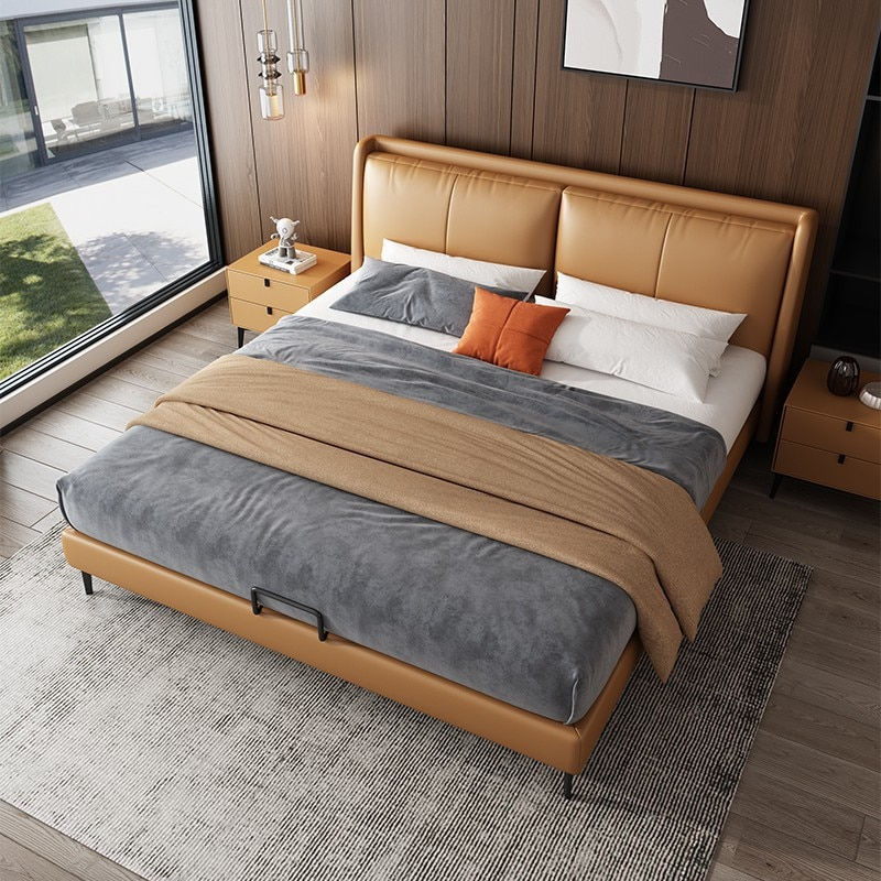 Italian Light Luxury Leather Bed Modern Simple Napa Leather Double King Bed
