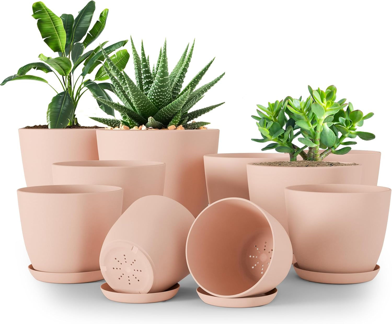 Plant Pots Indoor with Drainage, 5 Pack Multi-Size Planters Set, Brown | Draina