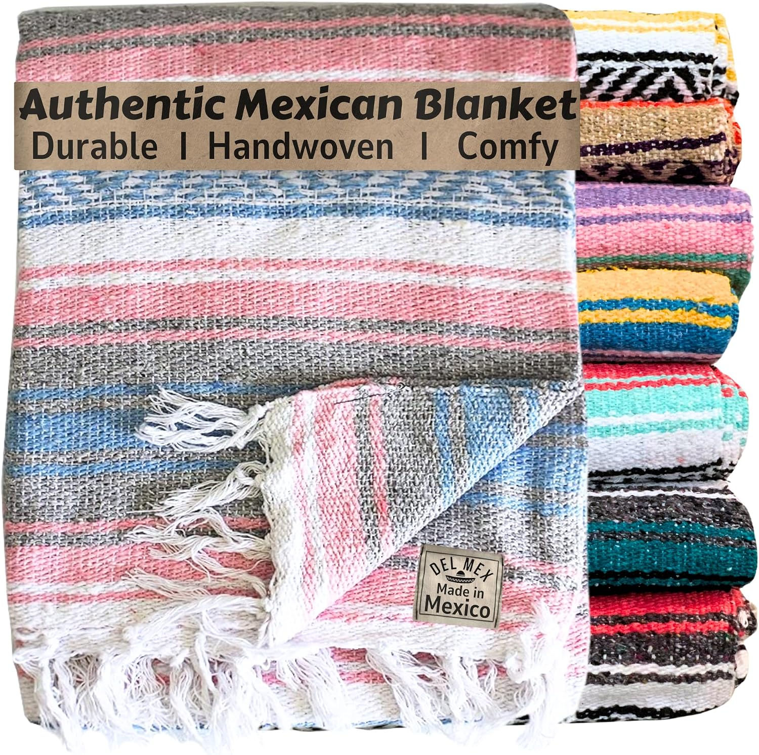 Del Mex Classic Mexican Blanket, Large Authentic Woven Falsa Throw (70"x50"), A
