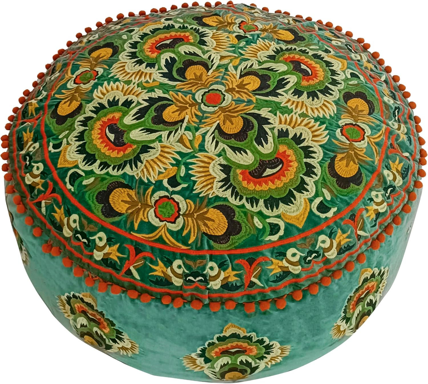 Mandala Life ART Green Round Velvet Pouf Cover - Soft Embroidered Ottoman Slipc