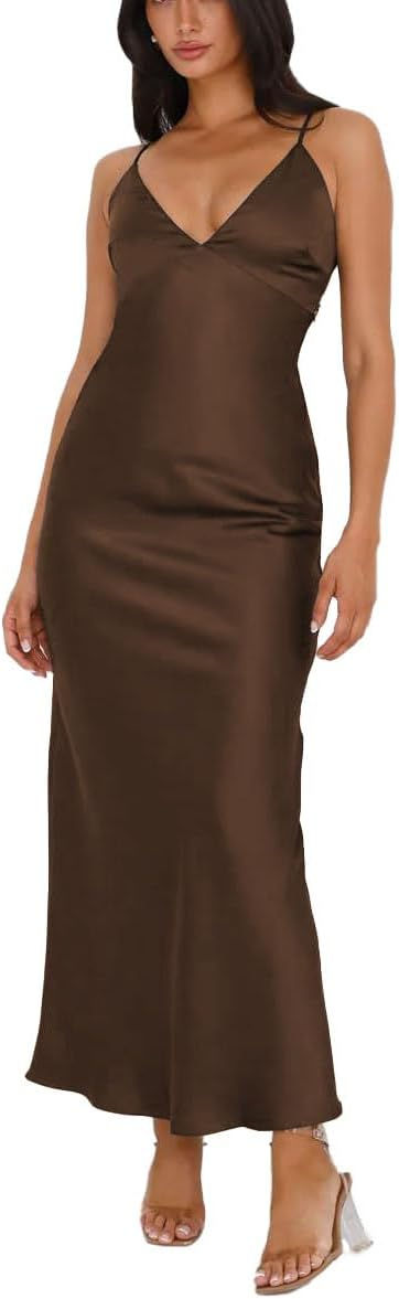 Summer Satin Spaghetti Strap V Neck Backless Midi Dresses for Women Wedding Gue