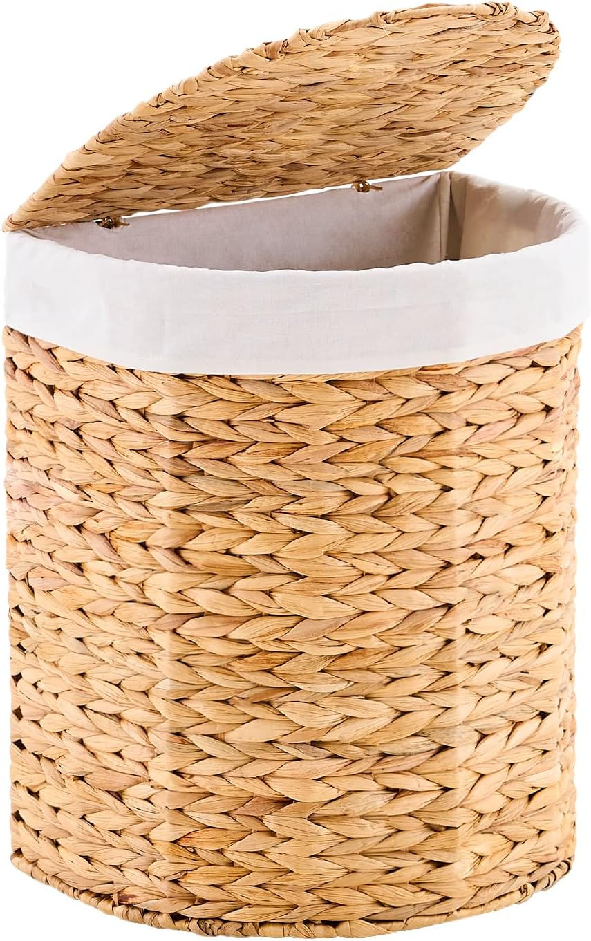 Water Hyacinth Laundry Hamper with lid, Half Moon Shape with 2 Removable Cloth