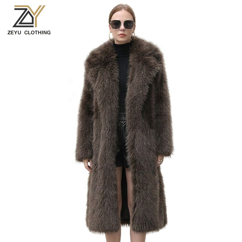 Zeyu Winter Brauner Maxi-Kunstpelzmantel für Damen Dicker Plüsch-Revers Warmer