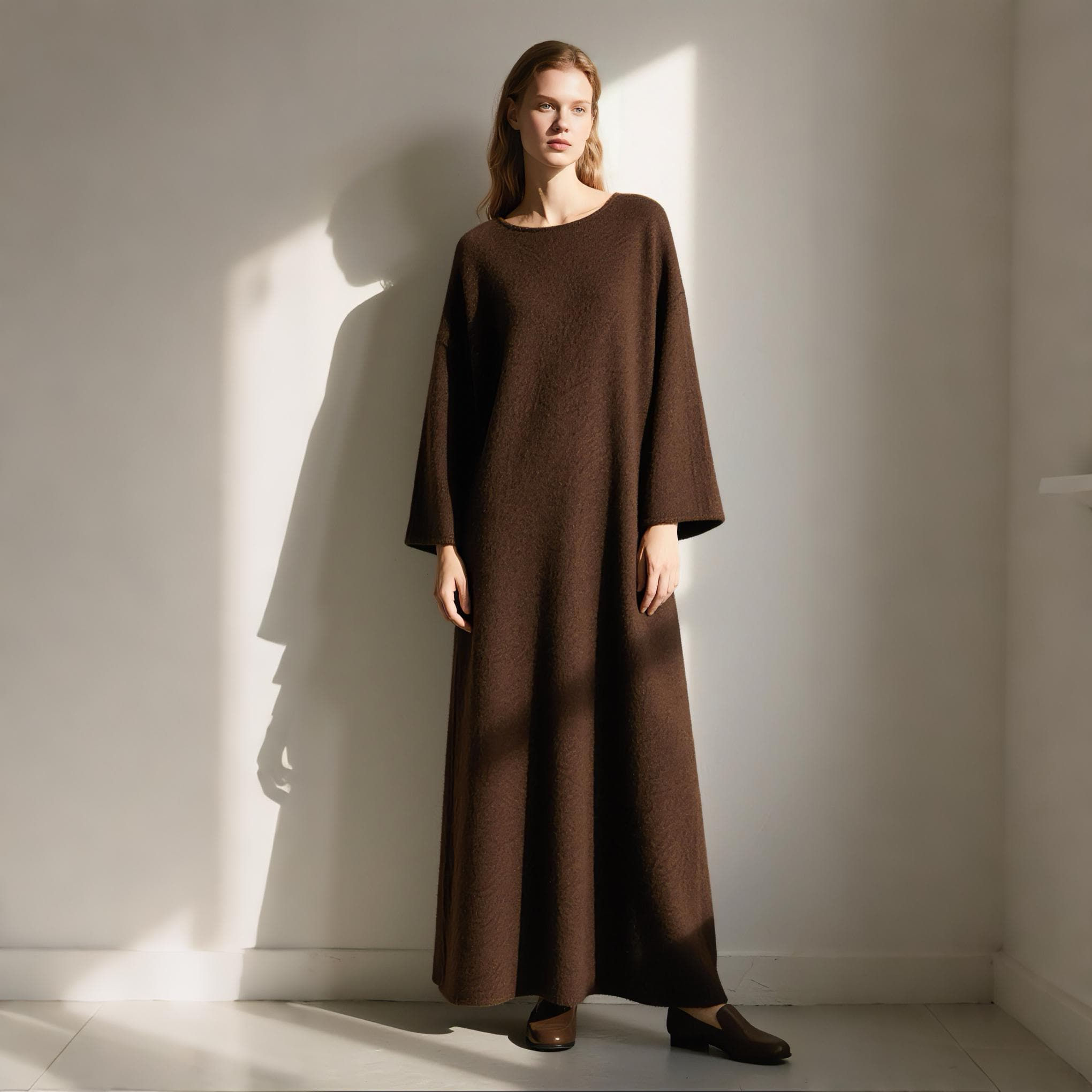 Brown Wool Maxi Dress Minimalist Long Sleeve Wool Dress Loose Dress Handmade Wi
