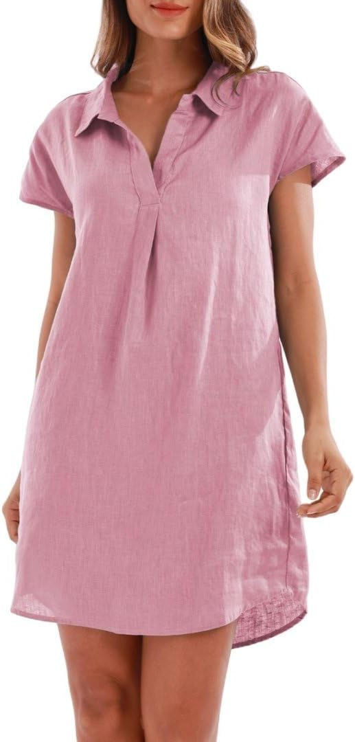 Amazhiyu Women's 100% Linen Above Knee Length Dresses | Summer Casual Short Sle