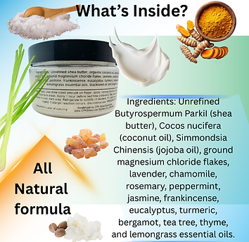 Ingredients Unrefined shea butter, coconut oil, jojoba oil, ground magnesium chloride flak