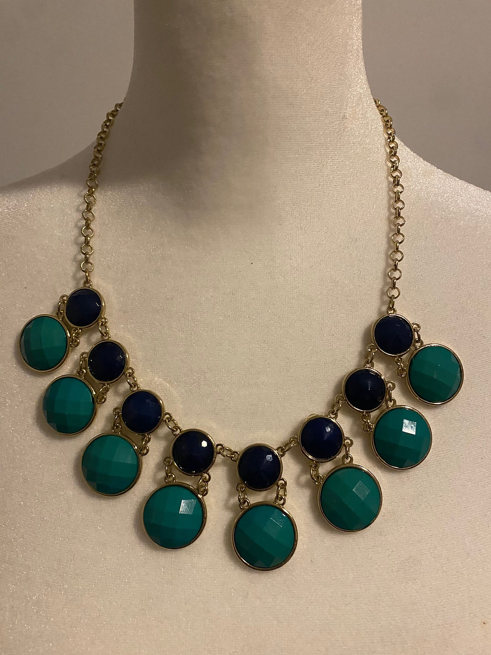 Thumbnail: Two Row Round Faceted Stones Green/Blue Goldtone Statement Necklace