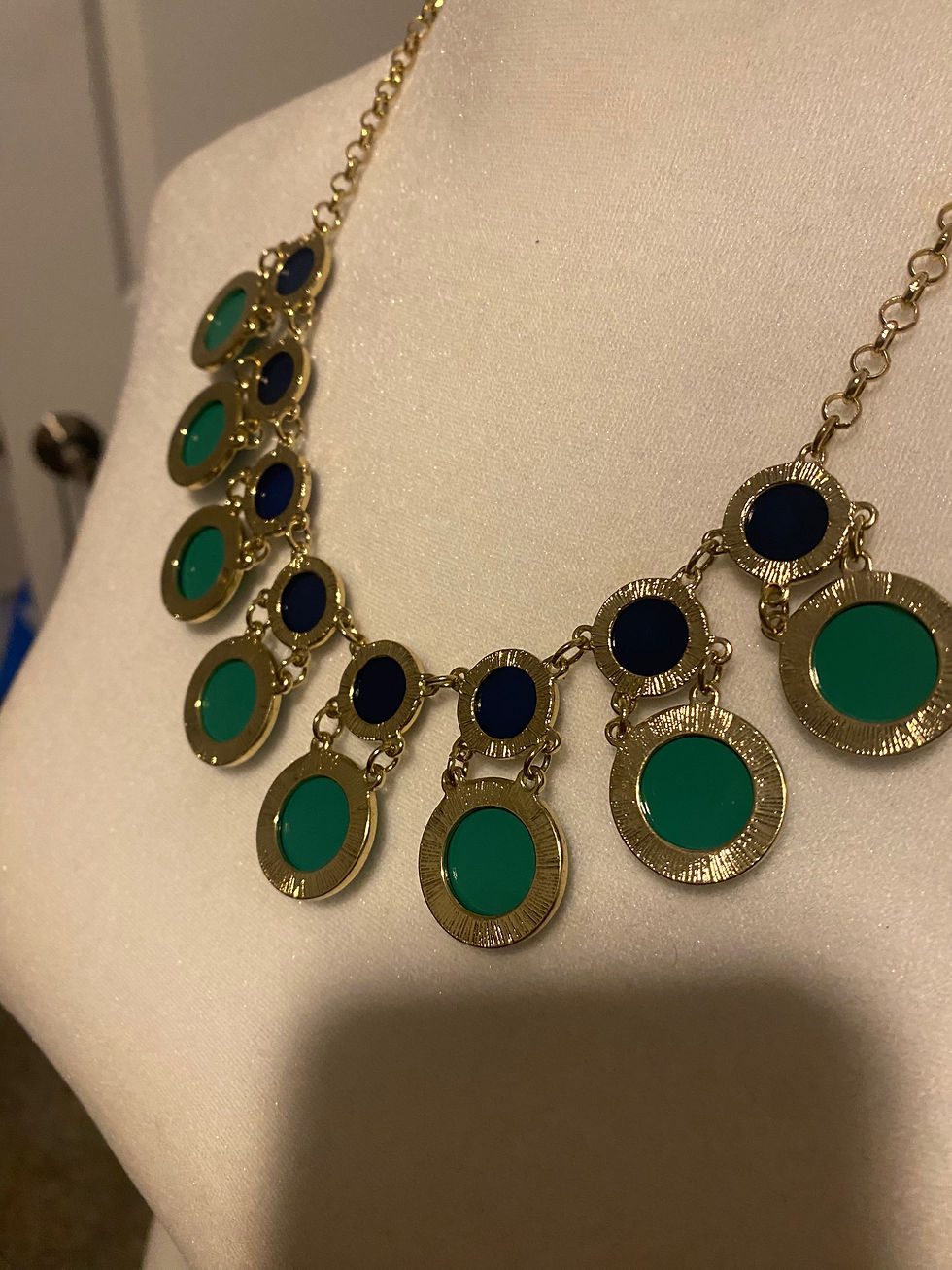 Thumbnail: Two Row Round Faceted Stones Green/Blue Goldtone Statement Necklace
