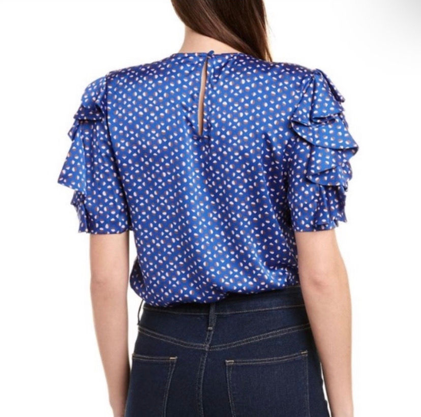 Thumbnail: Kate Spade  Blue Geo Print Satin Flutter-Sleeve Top- Size M