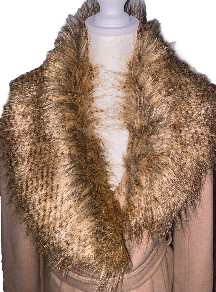Thumbnail: Caché Camel Ladies Wool Belted Jacket with Faux Fur Collar - Size Medium