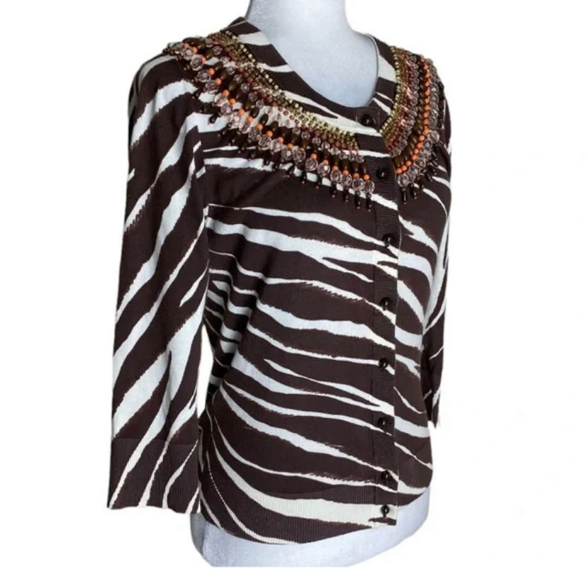 Thumbnail: Kate Spade- New York Zebra Print Beaded Cardigan Sweater- Size S