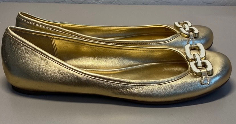 Thumbnail: COACH Ashleen Ballet Flats Gold Metallic Leather w/Gold & Beige Size 9